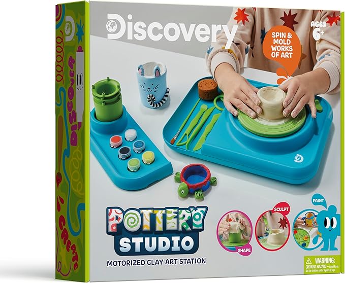 Discovery™ Pottery Studio Motorized Clay Art Station – Complete Set with Pottery Wheel, 3 Molds, Tools, Paints, & Air-Dry Clay for Kids| Arts and Crafts Toy for Boys Girls| Art Supplies Activity Kit