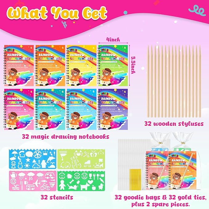 LovesTown 32 Pack Rainbow Scratch Art Notebook Party Favors Bulk for Kids, Rainbow Notebooks with Stencils & Gift Bags, Classroom Prizes Bulk for Girls Boys, Christmas Stocking Stuffers