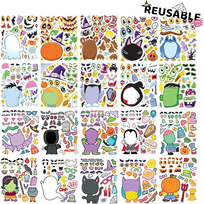 JOYIN 20 Pcs Make-a-face Sticker Sheets Make Your Own Halloween Characters Mix and Match Sticker Sheets, Bonus with Coloring Sheets, 10 Scratch Cards, 8 Sticker Sheets, Halloween Party Favor Supplies