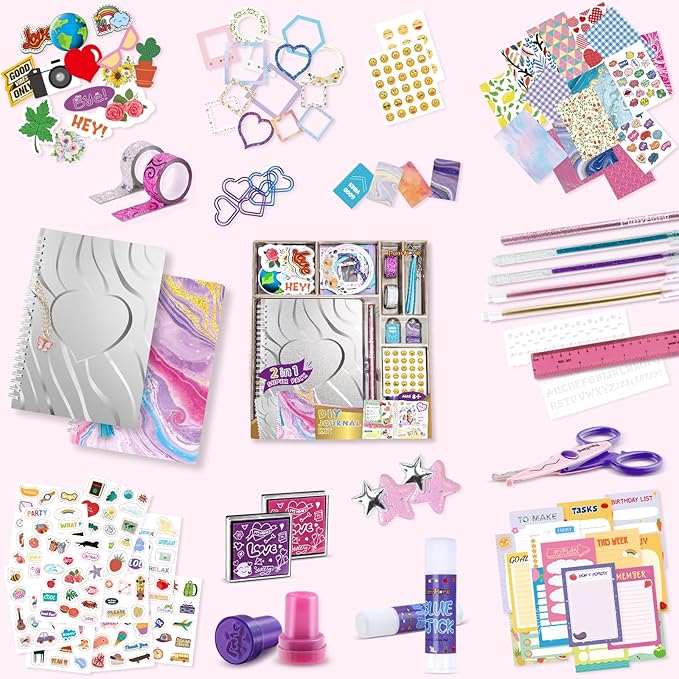 PERRYHOME 2-Pack DIY Journal Kit for Girls - 200+Pcs Journal Set for Tween & Teen Girls, Journaling Art & Crafts Kits, Christmas Gifts for 8 9 10 11 12 13 14 Year Old Girl,Scrapbook&Diary Supplies Set