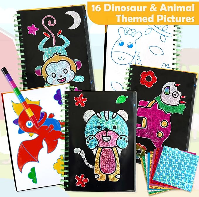 Foil Art Craft Activity for Kids: Fun DIY Toy Sticker Kit, No Mess Creative Travel Supply Set, Idea Birthday Easter Basket Stuffers Valentines Gift for Girl Boy Toddler 4 5 6 7 8 9 Year Old (Dinosaur)