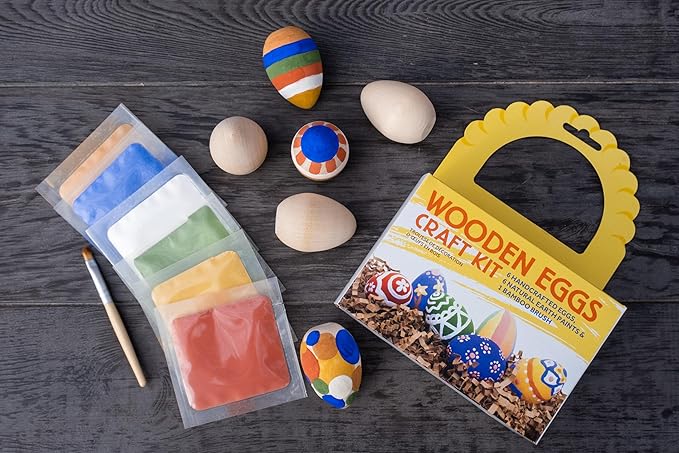 Natural Earth Paint Wooden Egg Kit – 6 Non-Toxic, Eco-Friendly Paints & Bamboo Brush – Easter Egg Decorating & Craft Set – Compostable Packaging, Safe for Kids & Adults