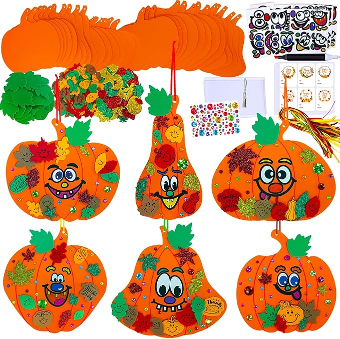 Winlyn 30 Sets Fall Halloween Pumpkin Decorations DIY Pumpkin Craft Kits Foam Pumpkin Shapes 8" W and Smile Fall Leaves Glitter Leaves Pumpkin Decorating Stickers for Kids Classroom Party Activities
