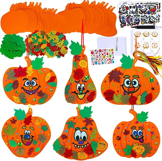 Winlyn 30 Sets Fall Halloween Pumpkin Decorations DIY Pumpkin Craft Kits Foam Pumpkin Shapes 8" W and Smile Fall Leaves Glitter Leaves Pumpkin Decorating Stickers for Kids Classroom Party Activities