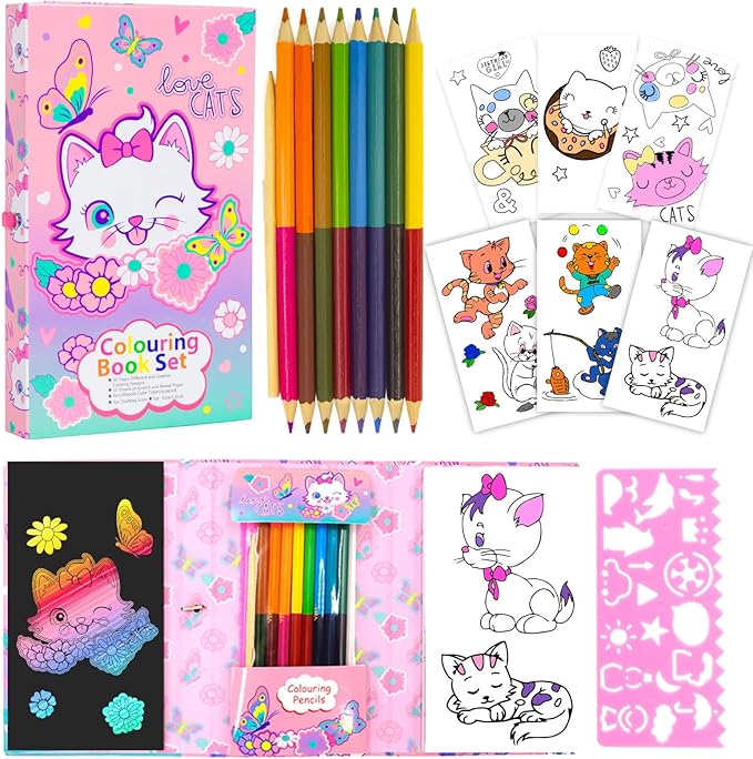 Cat Coloring Book Set with Coloring Pages & Colored Pencils, Art Supplies for Kids Ages 4-6-8, Arts Crafts Travel Coloring Kit for Girls 4 5 6 7 8 Year Old Birthday Gift