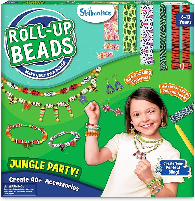 Skillmatics Craft Activity - Roll-Up Beads Jungle Party DIY Kit, 500+ Charms & Beads, Create 40+ Necklaces, Earrings and Bracelets, Gifts for Tweens and Girls, Ages 6, 7, 8, 9, 10, 11, 12, 13