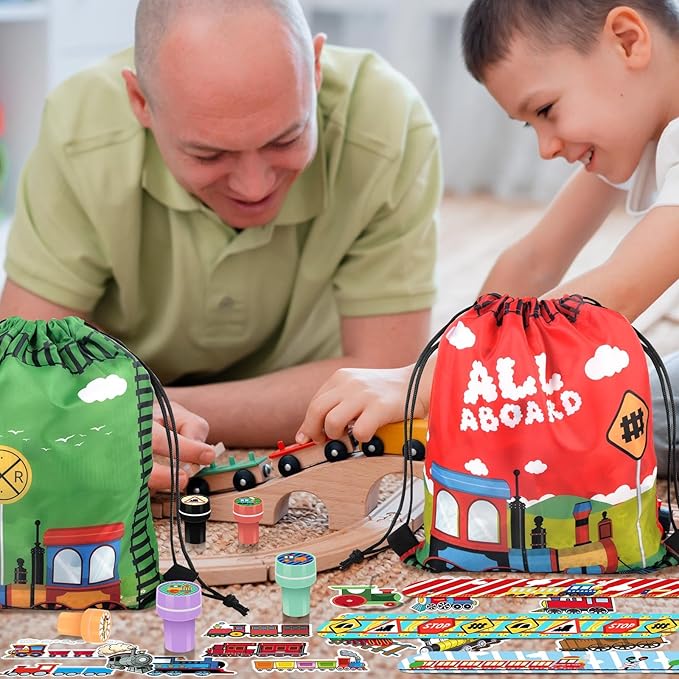 98 Pcs Train Party Favors,Train Print Party Supplies Include Stickers Stamps Keychains Slap Bracelets and Drawstring Bags Party Decorations for Kids TrainTheme Birthday supplies (A-Train)