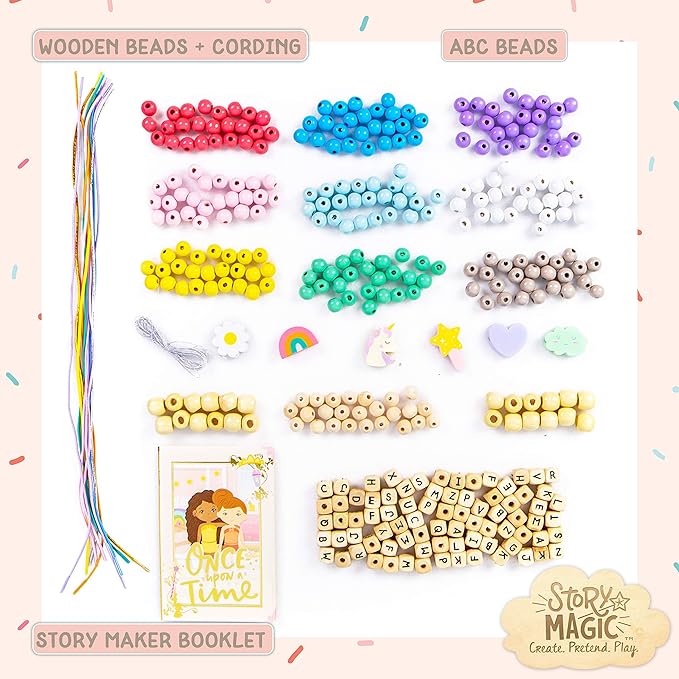 Story Magic Wooden ABC Beads by Horizon Group USA, Premium Wood Jewelry Making Kit, Makes 10+ Pieces of Jewelry, Over 350 Wooden Beads & Charms