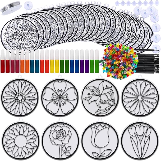 Winlyn 24 Sets Spring Flower Suncatchers Ornaments Decorations DIY Window Paint Art Suncatchers Spring Craft Kit Suncatchers Painting Kits for Kids Classroom Spring Activities Art project Party Favors