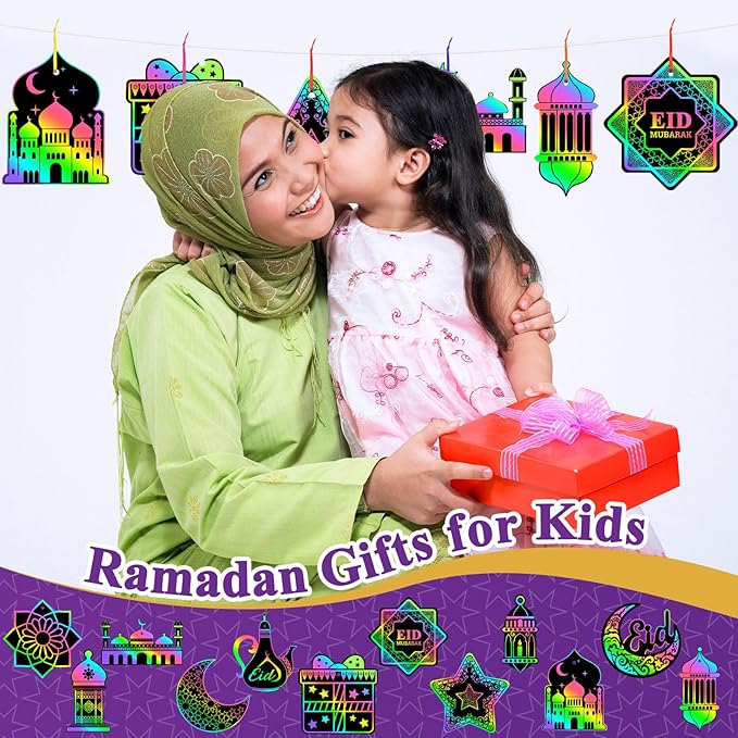 JULMELON 36 PCS Ramadan Crafts for Kids, Rainbow Scratch Paper Art for Kids Ramadan Gifts Eid Mubarak Magic Color Scratch Off Cards for School Classroom Activities DIY Drawing Project Party Favors