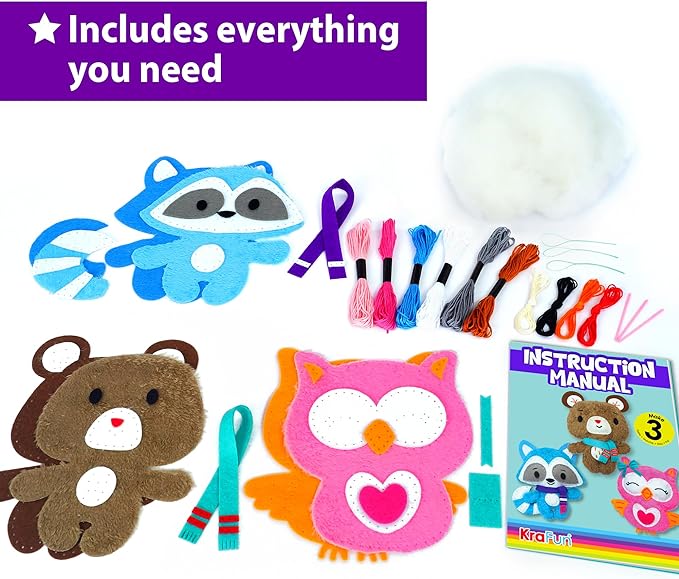 KRAFUN Sewing Kit for Kids Age 7 8 9 10 11 12 Beginner My First Art & Craft, Includes 3 Stuffed Animal Dolls Teddy, Raccoon and Owl, Instructions & Plush Felt Materials for Learn to Sew, Embroidery