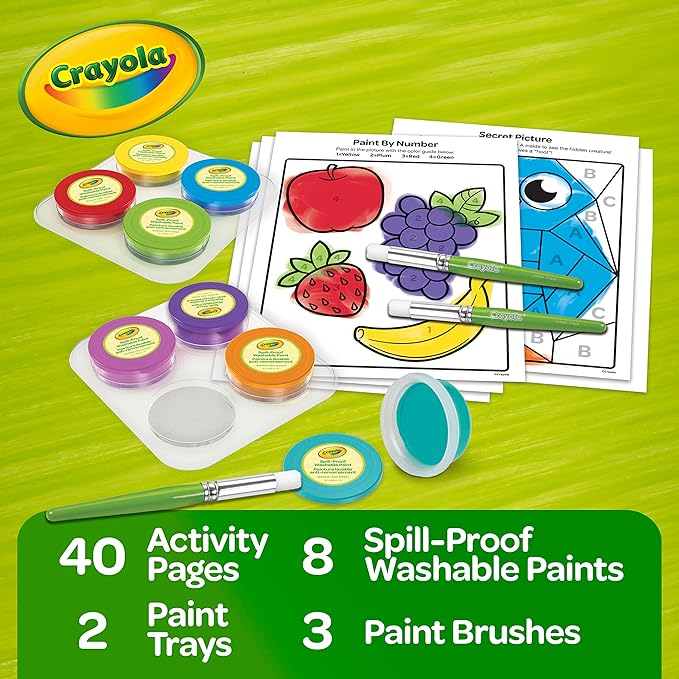 Crayola Spill Proof Paint Set (8ct), Washable Toddler Paint Kit, Includes Brushes, Pots, Activity Pages, Toddler Gift, Ages 3+