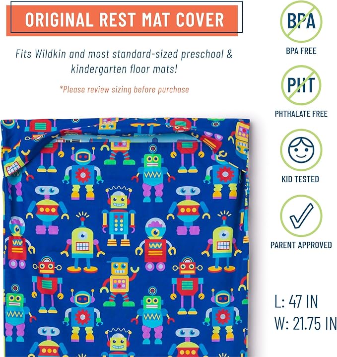 Wildkin Kids Nap Mat Cover for Boys & Girls, Sewn-in Flap Design Rest Mat Cover, Perfect for Preschool and Daycare, Fits Our Vinyl Nap Mat up to 1.5 Inches Including Basic Sleep Mat (Robots)