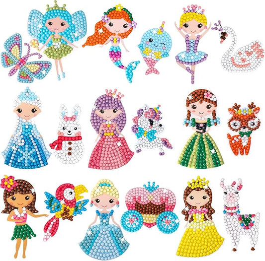 Cymbana Painting Diamond Kits for Kids 18 Pcs Princess and Their Buddy Gen Art Sticker for Kids Ages 6-8 8-12 Contains Unicorn, Mermaid