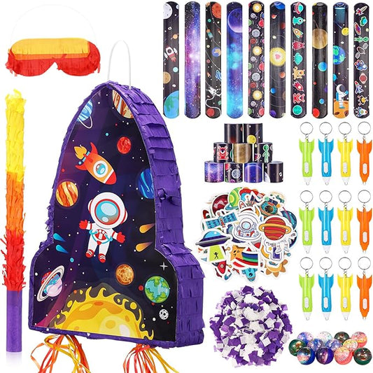 Meooeck 90 Pcs 16 x 12 x 3 Rocket Ship Pinata with Blindfold Pinata Stick Confetti Set, Kid Outer Space Party Favors Include Slap Bracelet Tattoo Sticker Bouncy Ball Flashlight Keychains Space Pinata