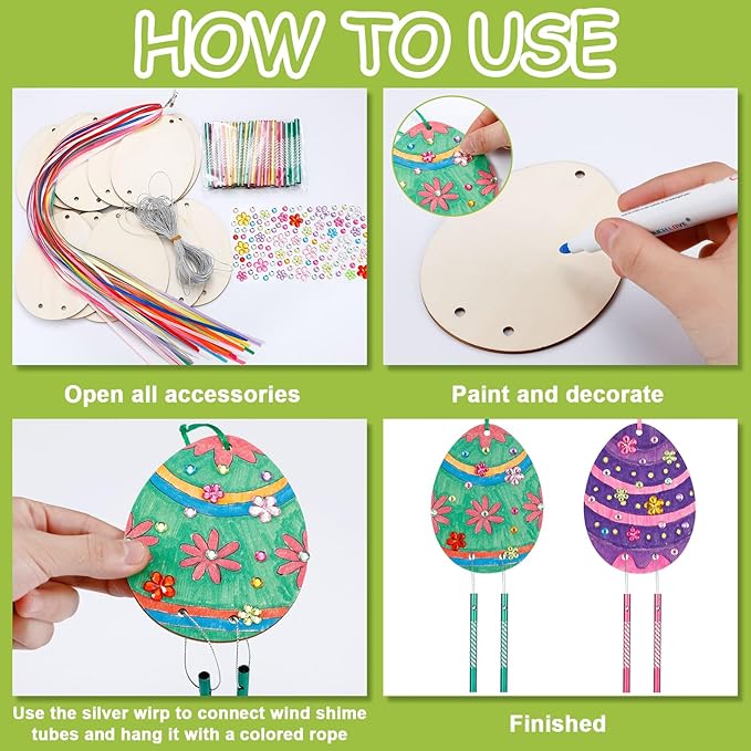 Wenqik 12 Sets Easter Wind Chimes Craft for Kids DIY Coloring Wooden Easter Craft Kits Paintable Unfinished Egg Hanging Ornament Crafts for Girls Boys Spring Party School Decor