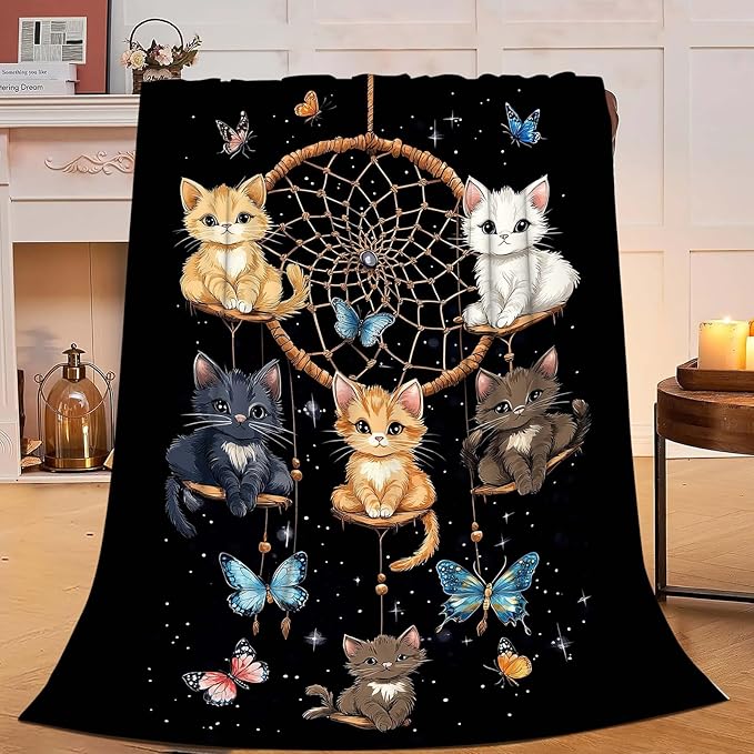 Cute Cat Throw Blanket Dream Catcher Cartoon Cat Gifts for Kids Girls Adults Women Soft Cozy Warm Plush Fluffy Fuzzy Fleece Blanket Birthday Festival Home Decor 40''X50''