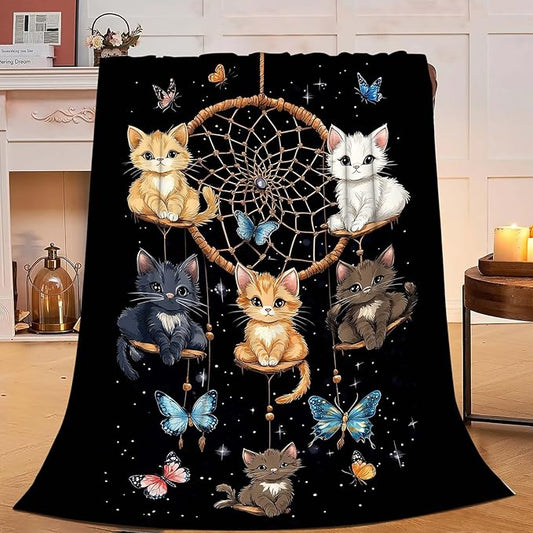 Cute Cat Throw Blanket Dream Catcher Cartoon Cat Gifts for Kids Girls Adults Women Soft Cozy Warm Plush Fluffy Fuzzy Fleece Blanket Birthday Festival Home Decor 40''X50''