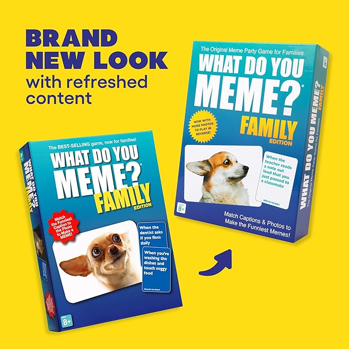 WHAT DO YOU MEME? Family Edition by Relatable, Now with Refreshed Content - Kids Games 8+, Family Games for Kids and Adults, The TikTok Viral Sensation, Includes 300 Caption Cards, 108 Photo Cards