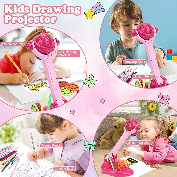 Hoarosall Drawing Projector for Kids, Art and Craft Kit, Toys for Girls Aged 3+, Drawing Supplies, Including Colored Pencils, Crayons, Coloring Books, Gift for 3+ Year Old Girls (Rose Red)