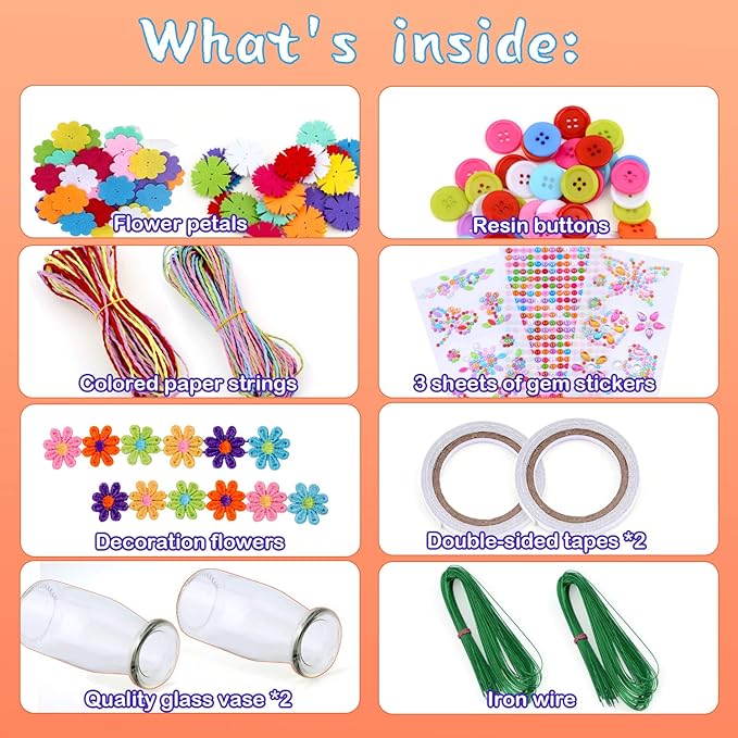 Crafts for Girls Ages 4-12 Gift Make Your Own Flower Bouquet with Buttons Felt Flowers, Valentines Day Gifts Vase Art and Craft for Kids- DIY Activity for Boys & Girls Age 6 7 8 9 10 11 12 Year Old