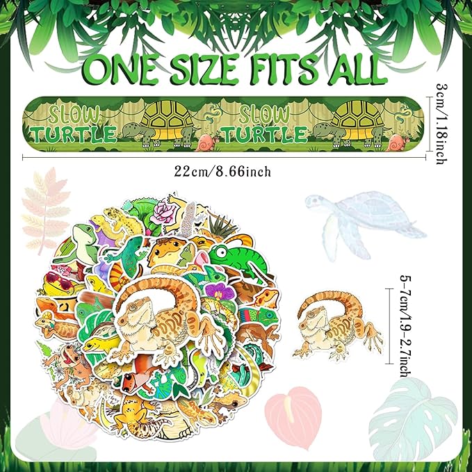 86PCS Reptile Party Favors 50PCS Reptile Stickers 36PCS Reptile Slap Bracelets Alligator Lizard Gecko Snake Turtle Snap Bracelet Reptile Stickers for Kids Reptile Party Supplies Decorations Gifts
