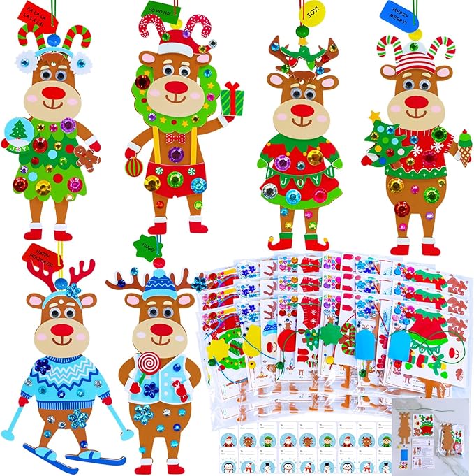 Winlyn 24 Sets Christmas Craft Kits Winter Crafts DIY Xmas Reindeer Ornaments Decorations Festive Foam Stickers Christmas Arts and Crafts for Kids Holiday Party Favors Home Classroom Art Activities