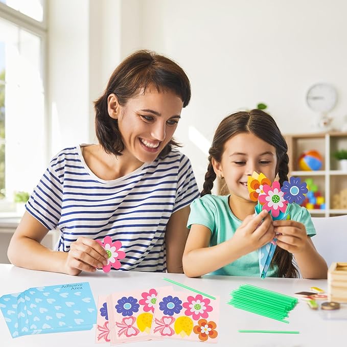BeYumi Flower Bouquet Craft Kit - 72Pcs Mother's Day Flower Bouquet Craft in Two Colors for Kids Make Your Own Flower Bouquet Teacher Appreciation Week DIY Gift School Classroom Home Fun Activities