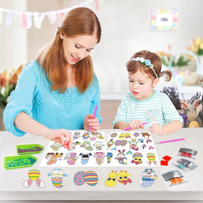 MEIEST 30 PCS Easter Gem Diamond Art Painting Stickers Kit,Mosaic Stickers by Numbers Arts and Crafts Set for Kids,Creative Handmade Easter Decorations Gift