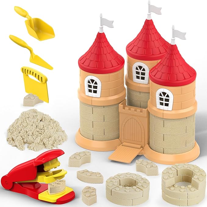 CICIPLAY Play Sand Construction Set, 1.7lbs Moldable Sand Sensory Toys with Brick Mold, Building Toys, Gifts for Boys Girls Age 3-8 (Castle)