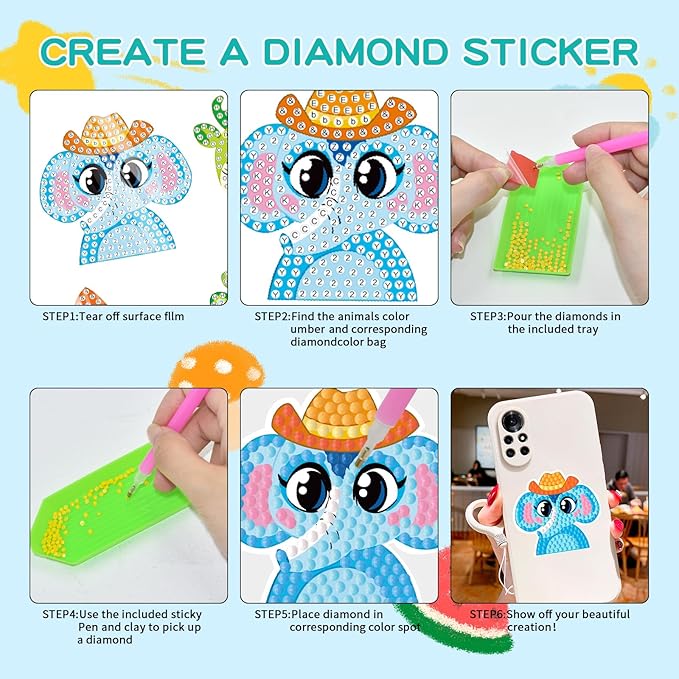 MEIEST 18 PCS Animals Diamond Art Painting Stickers Kit,DIY Mosaic Stickers by Numbers Arts and Crafts Set for Kids,Creative Handmade Gift