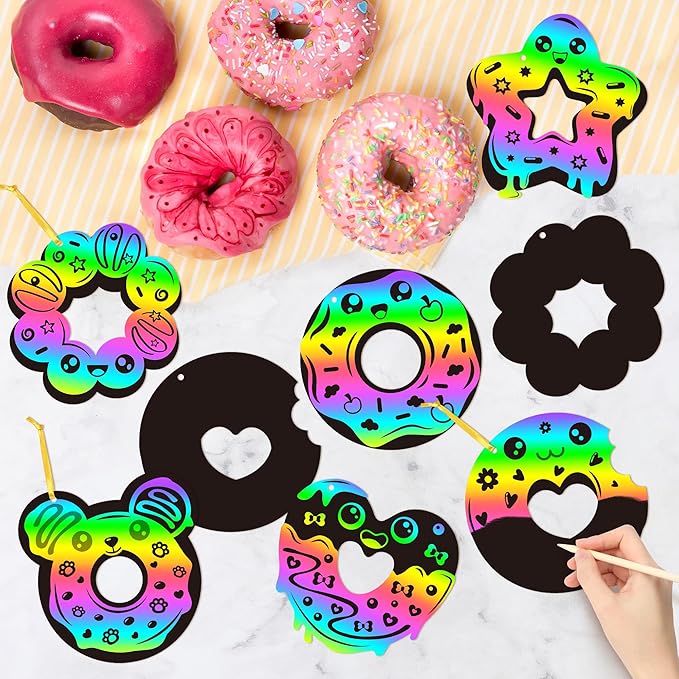 CY2SIDE Donut Craft Scratch Cards - 60PCS Doughnut Ornament Scratch Crafts Card Gift Set for Kids Sweet Candy Magic Art Rainbow Color Craft Scratch Kit for Kids Birthday Party Favors School Activity