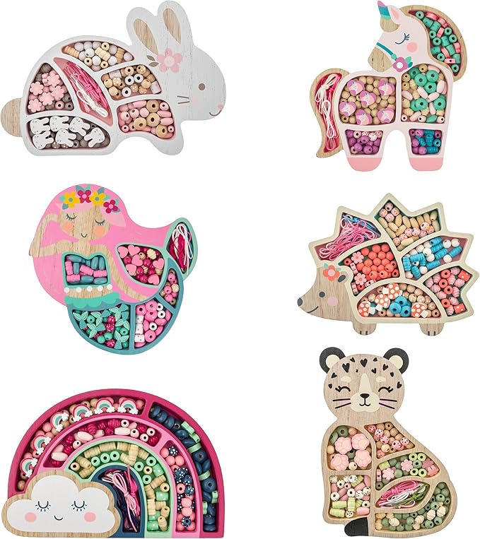 Stephen Joseph, Wooden Bead Kit for Kids, 125 Wooden Beads with 4 Necklace and 4 Bracelet Cords with Reusable Wooden Tray, Premium Wood Jewelry Making Kit for Kids, Mermaid