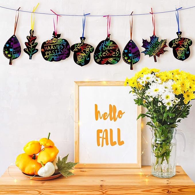 Whaline 60 Pack Fall Theme Rainbow Scratch Art Set Thanksgiving Black Scratch Paper Pumpkin Autumn Leaves Acorn Pattern with 60Pcs Ribbons and 15Pcs Wooden Styluses for Birthday Harvest Party Decor