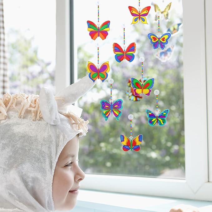 Winlyn 27 Sets Butterfly Suncatchers Ornaments Decorations DIY Window Paint Art Suncatchers Butterfly Suncatchers Painting Craft Kits for Kids Classroom Spring Easter Party Activities Art project