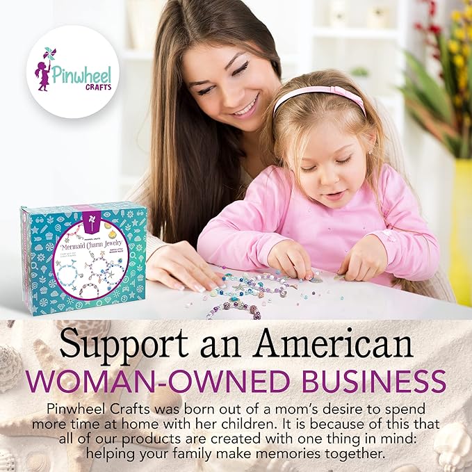 Pinwheel Crafts Mermaid Charm Bracelet Making Kit with Storage Case - DIY Kids Jewelry Making Kit for Girls 8-12 - Birthday Gift & Craft Supplies with Beads and Ocean Charms