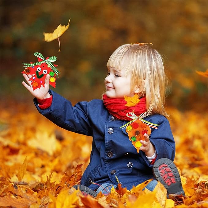 Winlyn 48 Sets Fall Craft Kits Fall Leaves Ornaments Decorations Art Sets Pom-Poms Googly Eyes Autumn Leaf Foam Stickers Arts and Crafts for Kids Thanksgiving Halloween Classroom Party Activities