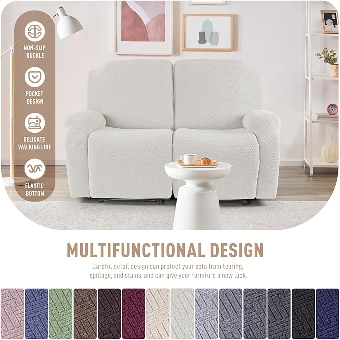 KinCam Recliner Covers, Stretch Reclining Chair Covers, Recliner Sofa Slipcovers Stripe Jacquard Recliner Couch Covers Furniture Protector Covers (2 XL Seater, Cream)