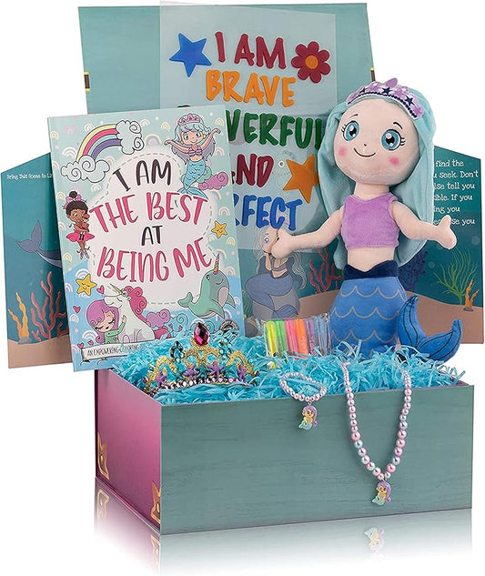 The Memory Building Company Kids Toys - Large Mermaid Surprise Box w/Mermaid Plush, Coloring Book and Markers, Jewelry and Crown Headband - Easter Basket Stuffers Birthday Gift for Girls Age 6 & Up