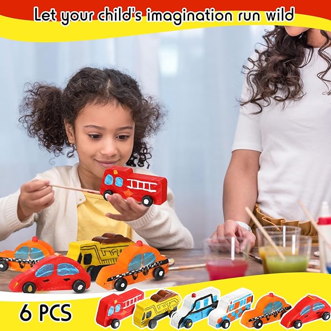 Lenwen 6 Pcs Large Unfinished Wooden Car to Paint 4'' Wood DIY Car Toys and 12 Color Acrylic Paint Set for Student Easy Woodworking Set Family Activities Arts and Crafts Kit