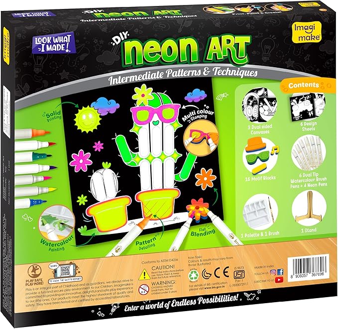 Imagimake DIY Neon Art Kit | 12 Exciting Neon Art Projects | Water Brush Pens & Stamps | Arts and Crafts for Kids Ages 8-12-16 | Arts and Crafts for Adults & Kids | Gifts for 8 Year Old Girls & Boys