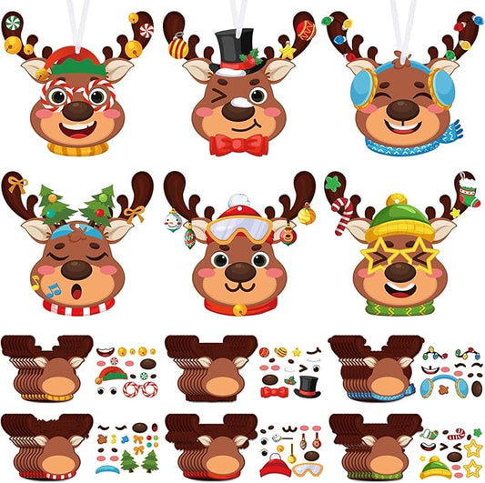 Pasimy 48 Pcs Christmas Crafts Kits for Kids Christmas Reindeer Ornament Crafts DIY Reindeer Ornament Kit Make Your Own Reindeer Craft Stickers for Holiday Xmas Classroom Party Favors