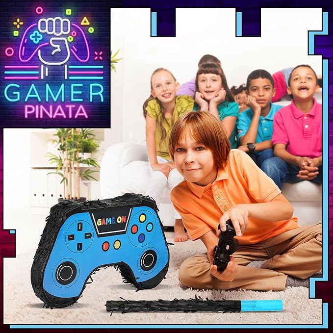 Meooeck 90 Video Game Party Favors Include Game Controller Piñata with Blindfold Baton Confetti Slap Bracelet Keychain Straw Sticker Gamer Party Favors Gamer Birthday Decorations for Theme(Blue)