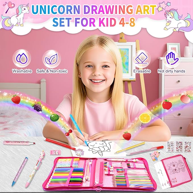 70Pcs Fruit Scented Markers Kit - Kawaii Stationery Set with Unicorn Pencil Case, Art Coloring Drawing Kit for Kid Include Marker, Pencil, Crayon, Pen, Eraser, Sticker, Unicorn Xmas Gift for Girl 4-12