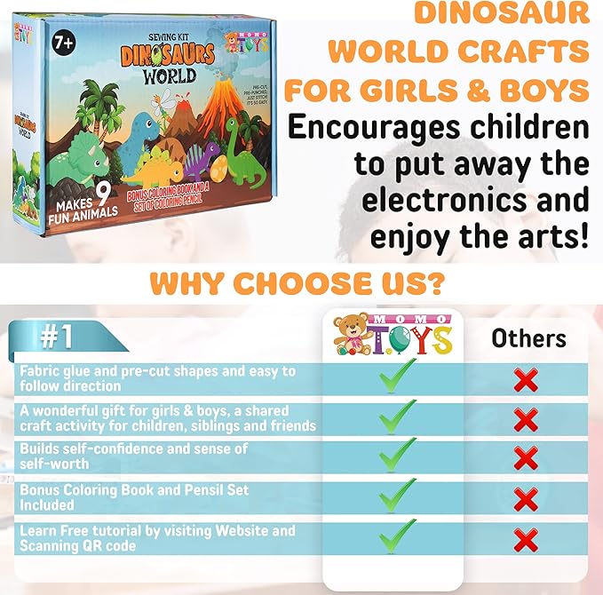 MOMOTOYS Sewing Kit for Kids, Fun & Educational Dinosaur Sew Craft Set for Boys and Girls Ages 8-12, Complete Beginner Kids Sewing Kit with Felt Plushie for Creative DIY Projects