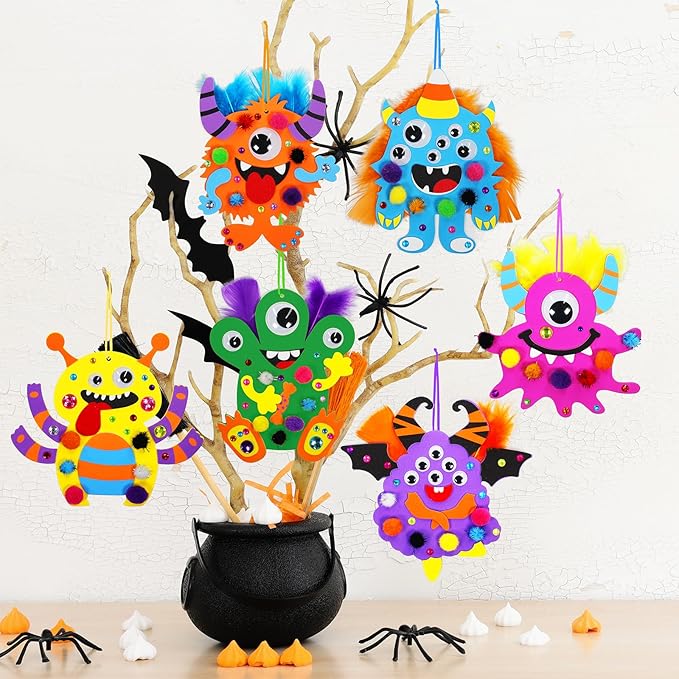 Winlyn 24 Sets Halloween Craft Kits Fall Kids Crafts DIY Monster Ornaments Decorations Art Sets Foam Halloween Monster Stickers Googly Eyes for Kids Autumn Halloween Classroom Party Activities