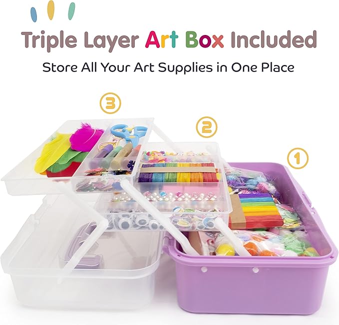 Olly Kids Arts and Crafts Supplies Set- 1000+ Pieces Giftable Craft Box for Kids: DIY Craft Supplies for Toddlers, School Project, and Homeschool