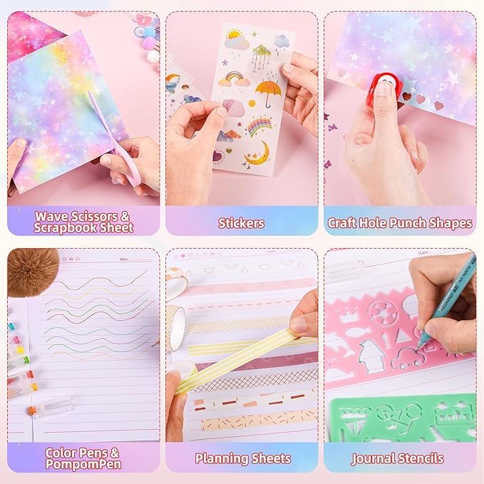 LiYiQ Plush Highland Cow Diary Gift for Girls Kids Travel Journal Secret Diary with Scrapbook Paper Stickers Journal Stencils Pompom Pen and Washi Tape Practical Set Gift for Birthday Christma