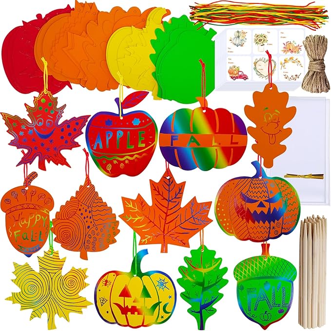 Winlyn 48 Sets Colorful Magic Color Scratch Fall Ornaments Autumn Scratch Art Maple Leaf Oak Leaf Pumpkin Apple Acorn Fall Craft Kits for Kids Classroom Activities Halloween Harvest Party Decorations