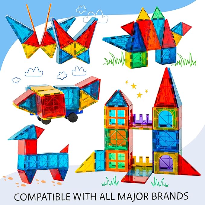 Magnetic Tiles 100 PCS with 2 Cars, Magnetic Tiles for Kids & Toddlers, Toy for 3 4 5 6 7 8 Year Old Boys & Girls, Gift Box